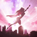 Super h�ro�ne en vol sur coucher de soleil mauve